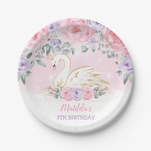 Girly Swan Princess Pink Purple Birthday Party Paper Plate (Front)