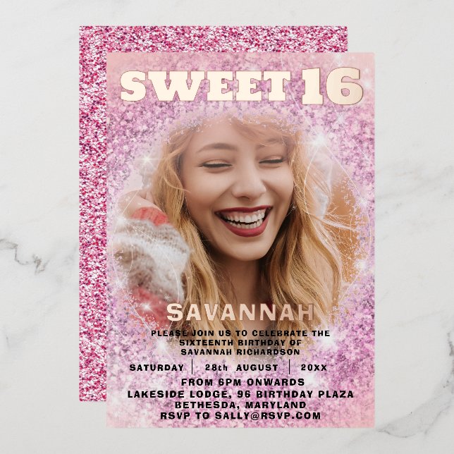 Girly Sweet 16 Rose Gold Calligraphy & Glitter  (Front/Back)