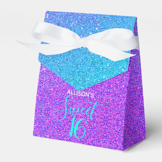 Girly Sweet 16 Teal Purple Glitter Name Party Favour Box (Front Side)