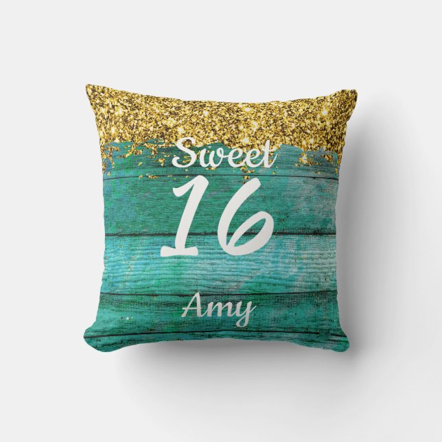 Girly Sweet 16 Turquoise Gold Glitter Name Cushion (Front)