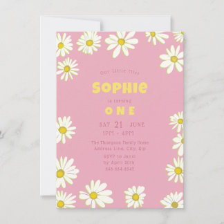 Girly Sweet Daisies Bubblegum Pink First Birthday Invitation