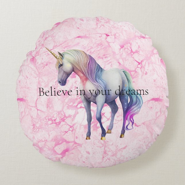 Girly Swirly Pink Unicorn Swirls Round Cushion (Front)