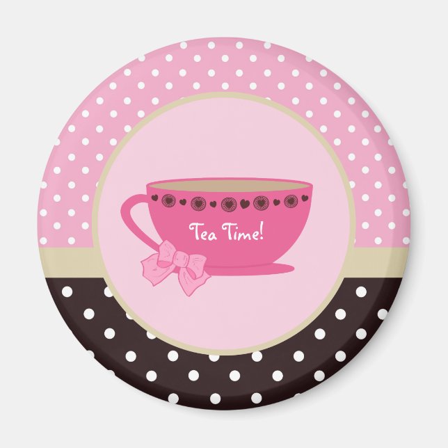Girly Tea Time Teacup Pink and Brown Polka Dot Bow Magnet (Front)
