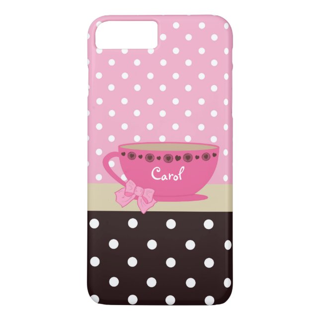Girly Teacup Pink and Brown Polka Dot Bow and Name Case-Mate iPhone Case (Back)