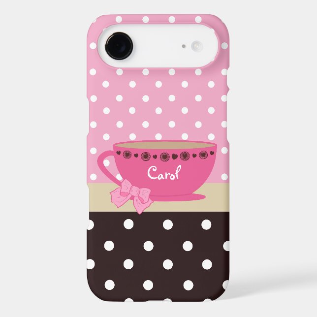 Girly Teacup Pink and Brown Polka Dot Bow and Name Case-Mate iPhone Case (Back)