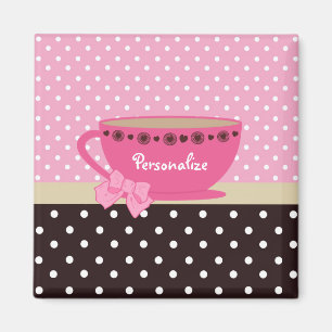 Girly Teacup Pink and Brown Polka Dot Bow and Name Magnet