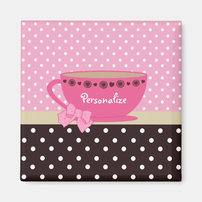 Girly Teacup Pink and Brown Polka Dot Bow and Name Magnet (Front)