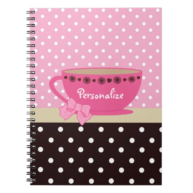 Girly Teacup Pink and Brown Polka Dot Bow and Name Notebook (Front)