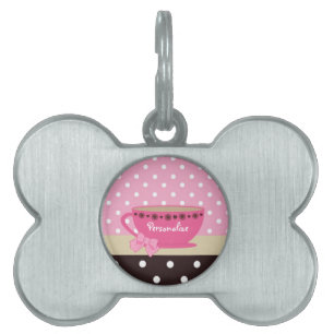 Girly Teacup Pink and Brown Polka Dot Bow and Name Pet ID Tag