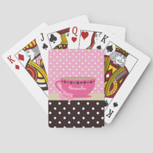 Girly Teacup Pink and Brown Polka Dot Bow and Name Playing Cards