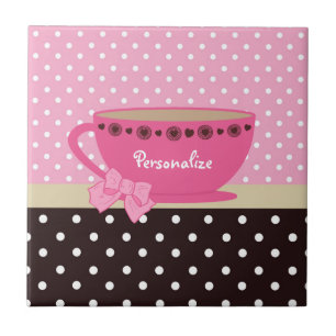 Girly Teacup Pink and Brown Polka Dot Bow and Name Tile