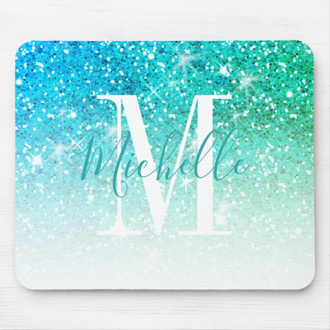 Girly Teal Aqua Blue Glitter Sparkle Monogram Name Mouse Pad (Front)