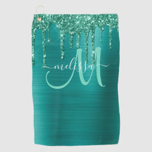 Girly Teal Brushed Metal Dripping Glitter Name Golf Towel