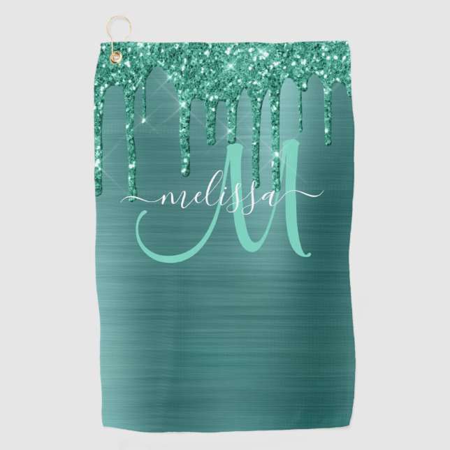 Girly Teal Brushed Metal Dripping Glitter Name Golf Towel (Front)