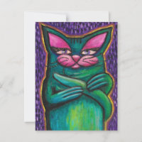 Girly Teal Cat in Oil Pastel on Purple Background