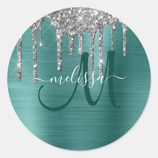 Girly Teal Dripping Glitter Brush Metal Monogram Classic Round Sticker (Front)
