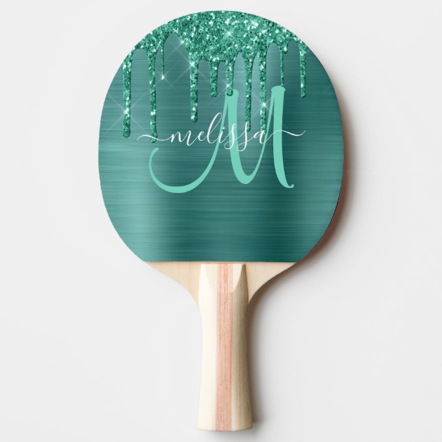 Girly Teal Dripping Glitter Brushed Metal Monogram Ping Pong Paddle (Front)