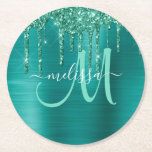 Girly Teal Dripping Glitter Brushed Metal Monogram Round Paper Coaster<br><div class="desc">Add a touch of glitter and glam to your home decor with this elegant personalised paper coaster. This chic design template features a large aqua script monogram and your name in white to personalise on a background of teal brushed metallic texture accented by a border of faux dripping glitter. A...</div>