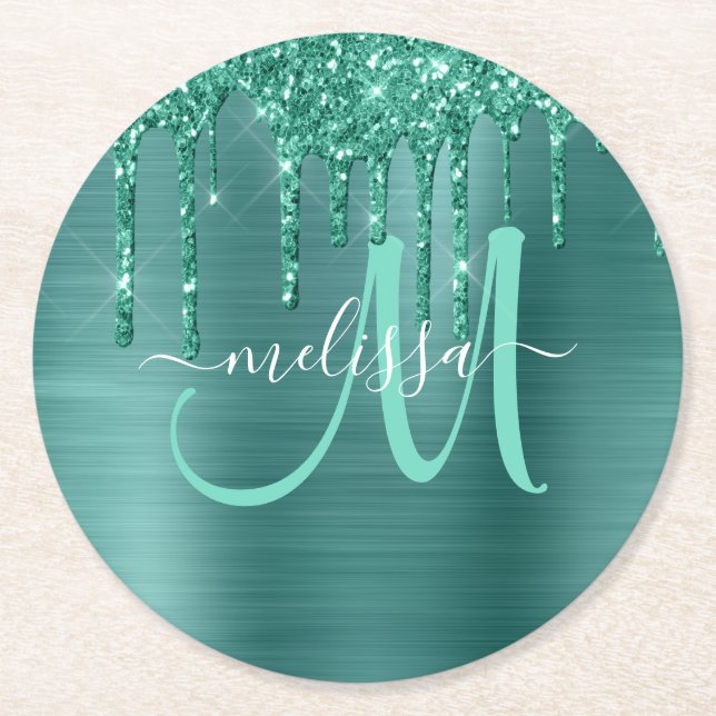 Girly Teal Dripping Glitter Brushed Metal Monogram Round Paper Coaster (Front)