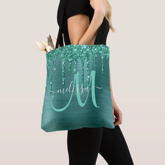 Girly Teal Dripping Glitter Brushed Metal Monogram Tote Bag (Close Up)
