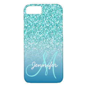 Girly Teal Faux Glitter Monogram Name Personalised Case-Mate iPhone Case