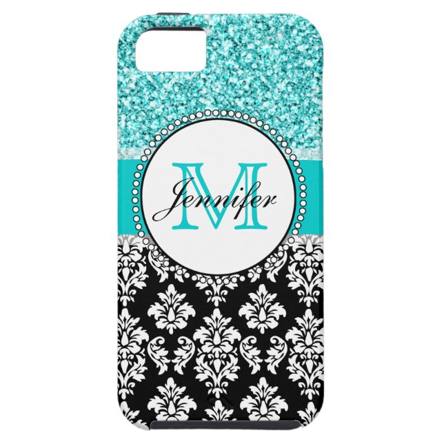 Girly, Teal, Glitter Black Damask Personalised Case-Mate iPhone Case (Back)