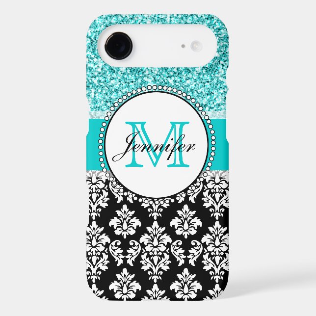 Girly, Teal, Glitter Black Damask Personalised Case-Mate iPhone Case (Back)