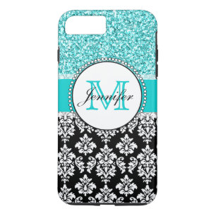 Girly, Teal, Glitter Black Damask Personalised Case-Mate iPhone Case
