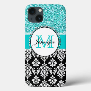 Girly, Teal, Glitter Black Damask Personalised iPhone 13 Case