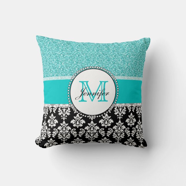 Girly, Teal, Glitter Black Damask Personalised Cushion (Front)