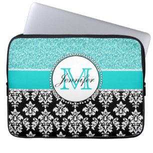 Girly, Teal, Glitter Black Damask Personalised Laptop Sleeve