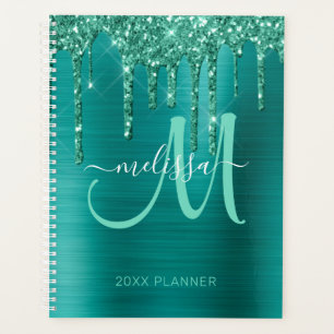Girly Teal Glitter Brushed Metal 2021 Planner