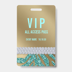 Girly Teal Glitter Female VIP Access Event ID Badge