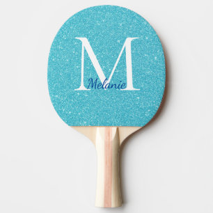 Girly Teal Glitter Monogram Name Ping Pong Paddle
