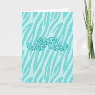 GIRLY TEAL GLITTER MUSTACHE ZEBRA STRIPES CARD