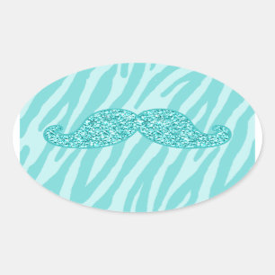 GIRLY TEAL GLITTER MUSTACHE ZEBRA STRIPES OVAL STICKER