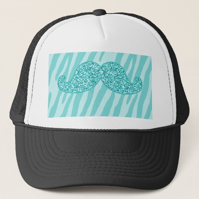 GIRLY TEAL GLITTER MUSTACHE ZEBRA STRIPES TRUCKER HAT (Front)