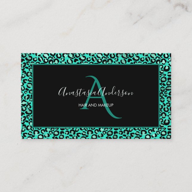 Girly Teal Green Leopard Spots Chic Black Monogram Business Card (Front)