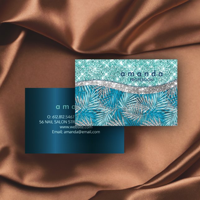 Girly teal green silver glitter leaves monogram business card (Creator Uploaded)