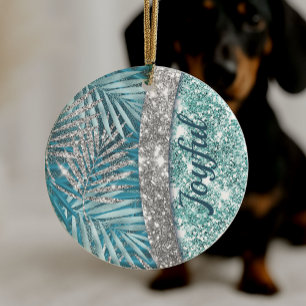 Girly teal green silver glitter leaves monogram ceramic tree decoration