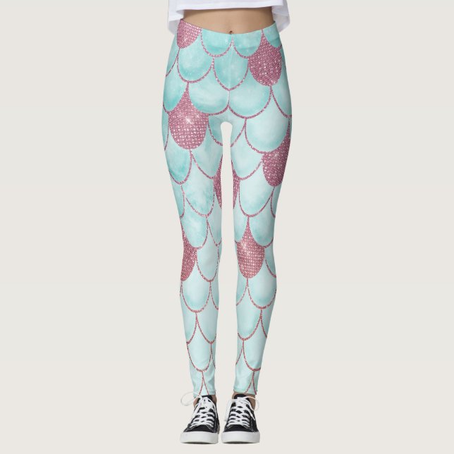 Girly Teal Pink Glitter Watercolor Mermaid Scales Leggings (Front)