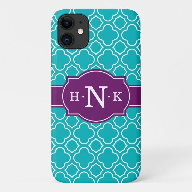 Girly Teal Quatrefoil Pattern Purple Monogram Case-Mate iPhone Case (Back)