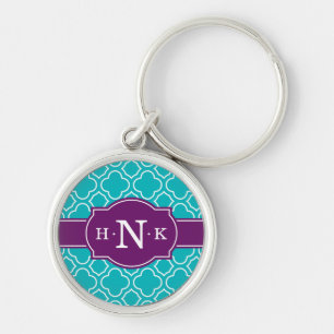 Girly Teal Quatrefoil Pattern Purple Monogram Key Ring
