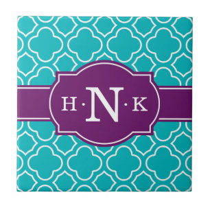 Girly Teal Quatrefoil Pattern Purple Monogram Tile