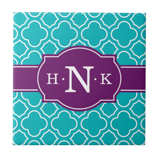 Girly Teal Quatrefoil Pattern Purple Monogram Tile (Front)