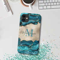 Girly Teal Turquoise & Gold Agate Stone Monogram