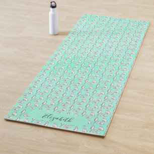 Girly Teal Watercolor Cats Custom Name Yoga Mat