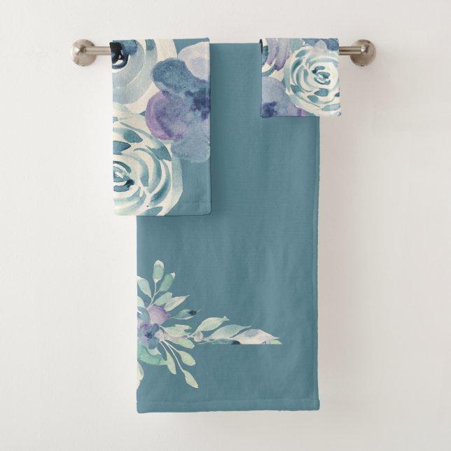 Girly Teal Watercolor Floral Bath Towel Set (Insitu)