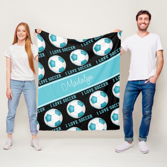 girly teal white I love soccer text pattern Fleece Blanket (In Situ)