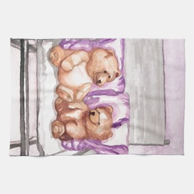 Girly Teddy Bear Talk Purple Lilac Grey Lavender Tea Towel (Horizontal)